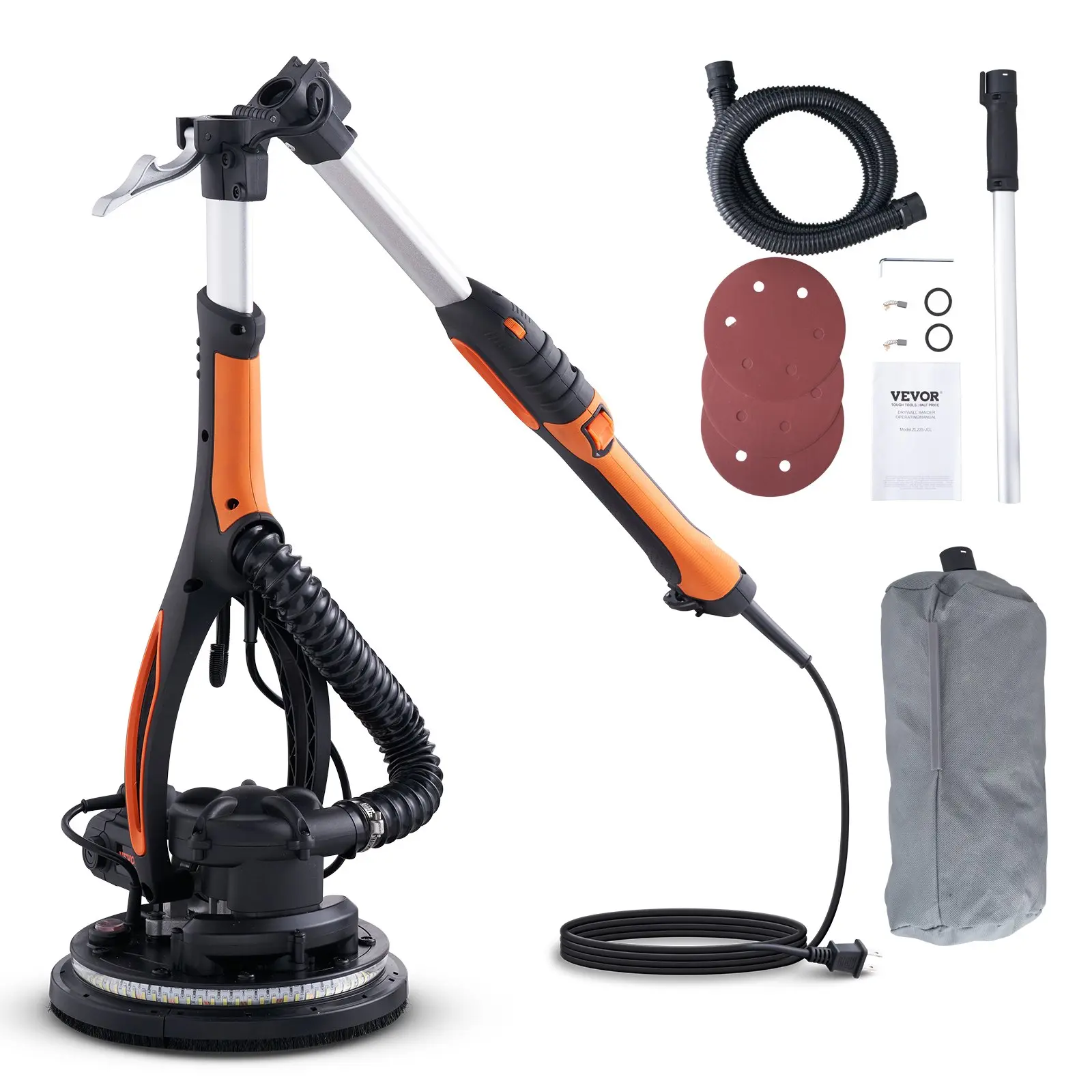 VEVOR Electric Drywall Sander Tool Kit, Portable Random Orbital Polisher with Variable Speed, Foldable Handle, Self-Suction Function, LED Strip Light, Vacuum Bag for Construction Work, Portable Orbital Polisher
