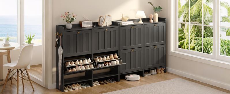 Gizoon Shoe Cabinet with 2 Flip Drawers, Shoe Organizer Storage for Entryway, Freestanding Narrow Rack Cabinet with Space-Saving, for Hallway, Black