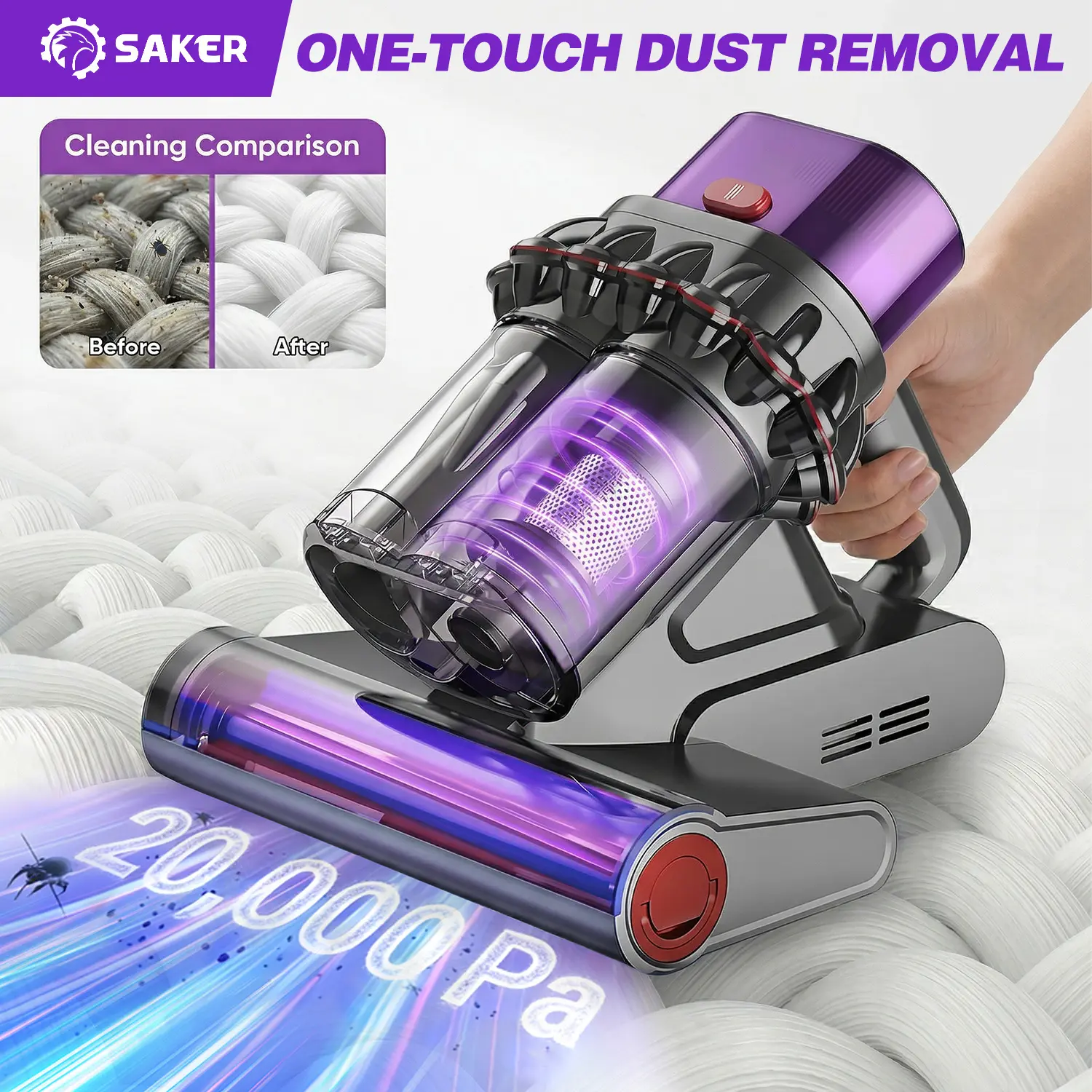 Saker Mattress Vacuum Cleaner 20kPa Suction 120,000 RPM One-Touch Dust Removal Hot Air Dehumidification for Beds Sofas Carpets LED Display Double Cup Floor Cleaning System Dust Collector