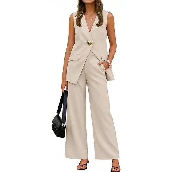 ZESICA Women's 2026 Summer 2 Piece Sets Sleeveless Blazer Vest and Wide Leg Pants Suits Business Casual Outfits