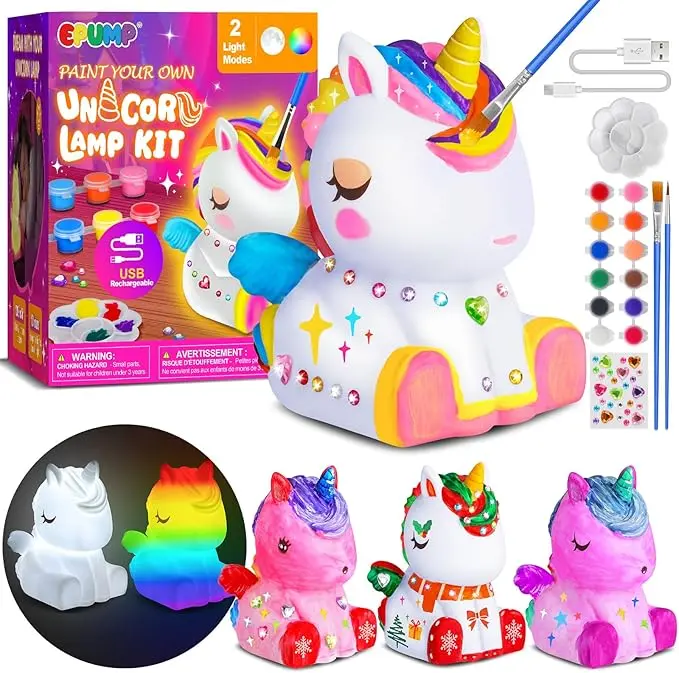 Paint Your Own Unicorn Lamp Kit - Rechargeable 1200mAh Night Light with 2 Light Modes, Arts and Crafts Painting Toys for Girls Boys, Art Supplies Birthday & Christmas Gifts for Kids Ages 3-12+ Flash Cards Set Talking