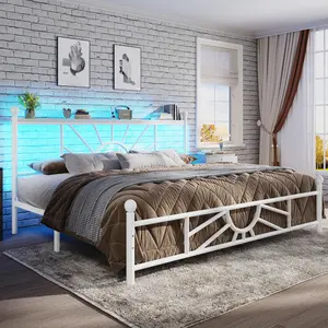 【1300 lbs Capacity】King Queen Full Metal Bed Frame with Headboard & LED, NO MATTRESS,Under Bed Storage Space & Strong Metal Slats, Iron Bed Frame, Noise-Free, Easy Assembly, Modern Bedroom Furniture,Easy Assembly,White