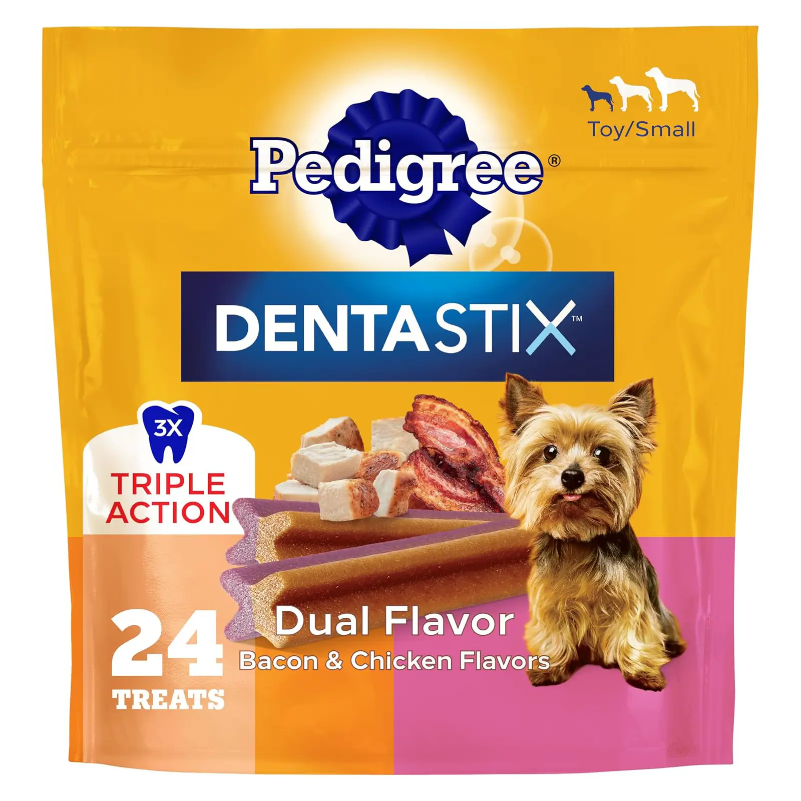 Pedigree Dentastix Small & Toy Dental Dog Treats, Bacon & Chicken, 24 Count Triple action dental care, reduces tartar, cleans teeth, freshens breath, for dogs 7-22 lbs, no added sugar/fillers
