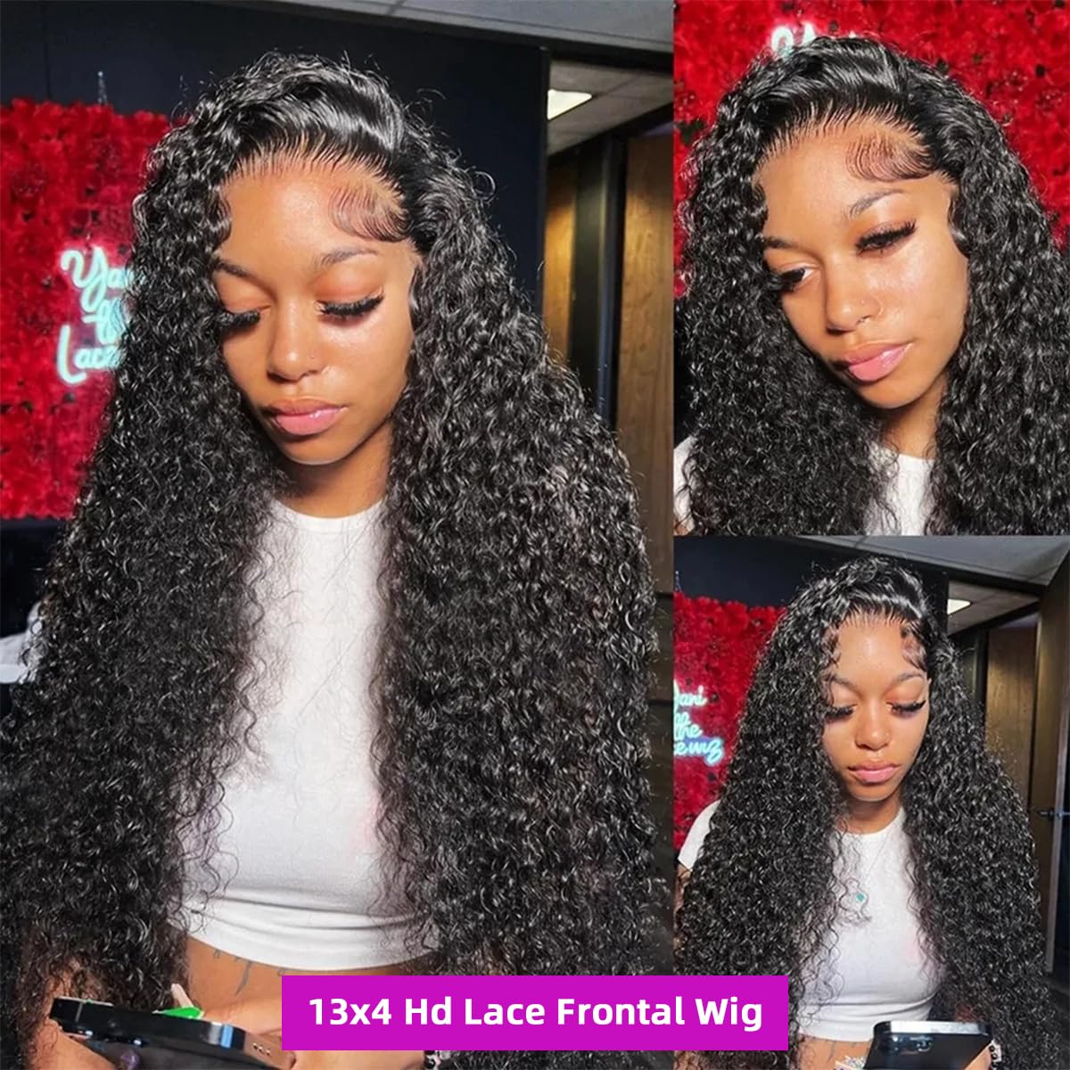 13x4 Lace Frontal Wigs Human Hair Kinky Curly Frontal Wig Brazilian Wave Curly Wigs Human Hair For Women PrePlucked 180% Density Nature Black Color Vacation Hair