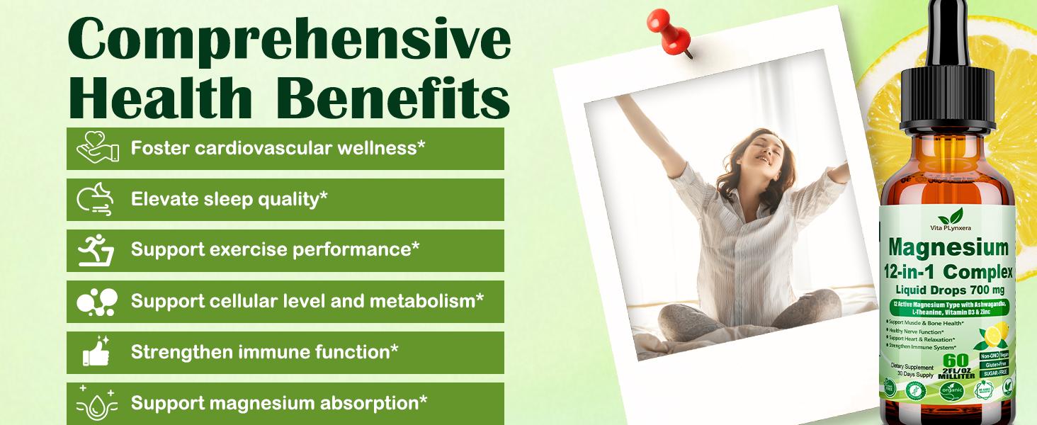 12-in-1 Magnesium Complex Liquid Drops, Chelated Magnesium Citrate Glycinate Taurate Malate Aspartate w. Ashwagandha Theanine D3 & Zinc for Relaxation Sleep Immune Health & Muscle FunctionWomen Men