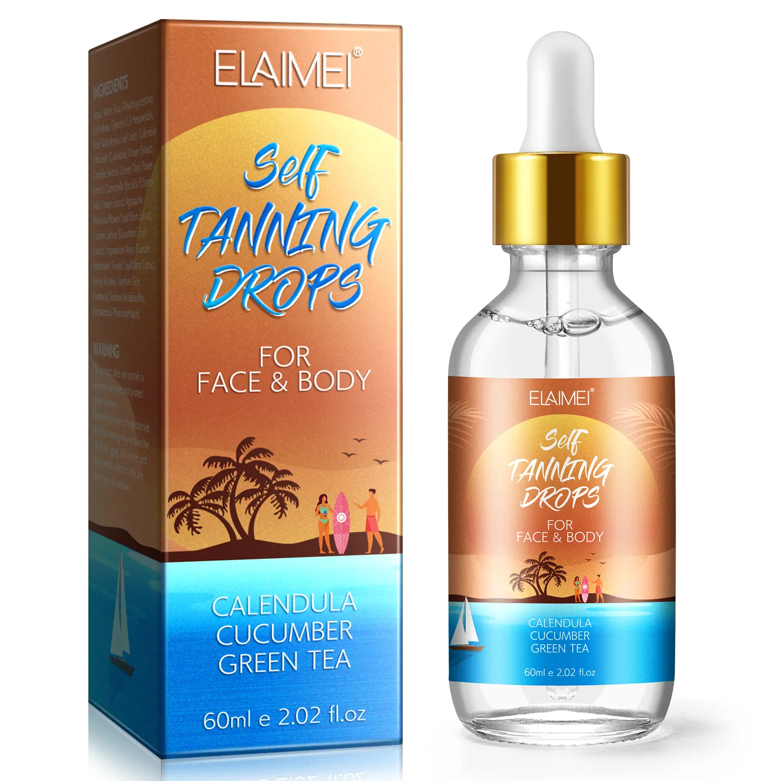 ELAIMEI Self Tanning Drops, Gradual Bronzing Serum for Face & Body, Buildable Tan Builder with Hydrating Formula for a Natural Glow, 60ml, Body Care, Bronzing Face Drops, Gradual Self Tanning, Self Care Products