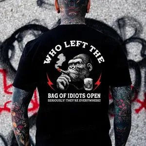Who Left The Bag Of Idiots Open Funny Sarcastic Monkey T-shirt Streetwear Casual 100% Cotton Menswear Round Neck Shortsleeve Top Made In USA  tee shirts men 90s  tees  t-shirts Crewneck Tropical.. Graphic...