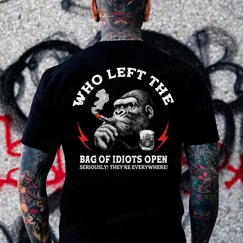 Who Left The Bag Of Idiots Open Funny Sarcastic Monkey T-shirt Streetwear Casual Menswear Round Neck Shortsleeve Top Made In USA  tee shirts men