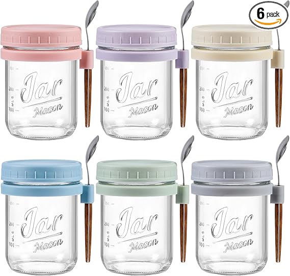 BASIC SUPPLY 6 Pack Overnight Oats Containers with Lids and Spoons, 16 oz Glass Mason Overnight Oats Jars, Large Capacity Airtight Jars for Milk, Cereal, Fruit