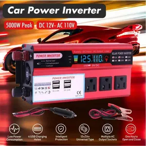 5000W Peak Pure Sine Wave Inverter 12V to 110V, LCD Display 4USB 3 Socket Fast Charge for RV Truck Camping Outdoor Power