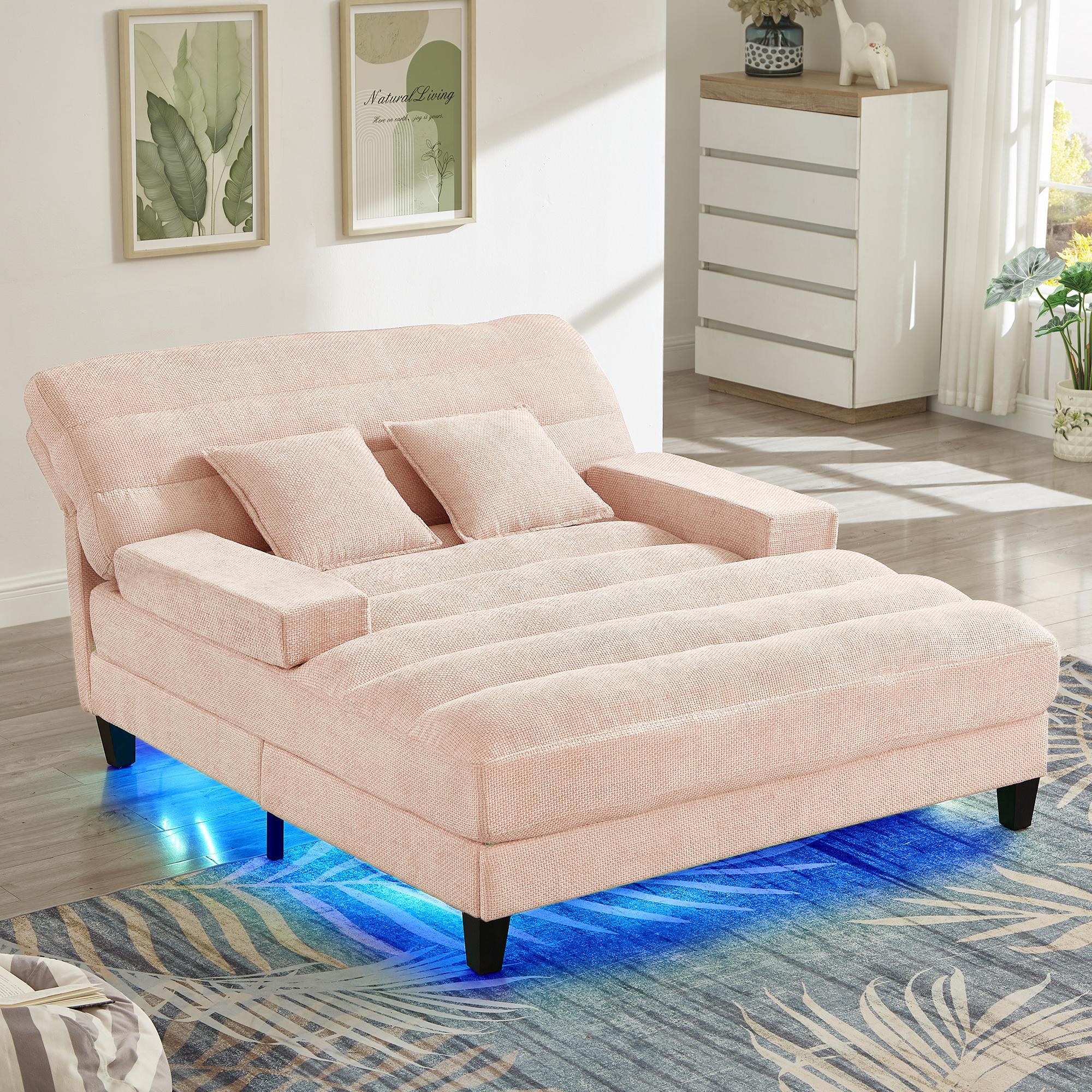 Niccae Modern Chenille Lounge Sofa with RGB LED & Adjustable Backrest - Smart Chaise for Living Room Bedroom, Party Lighting, Relaxation