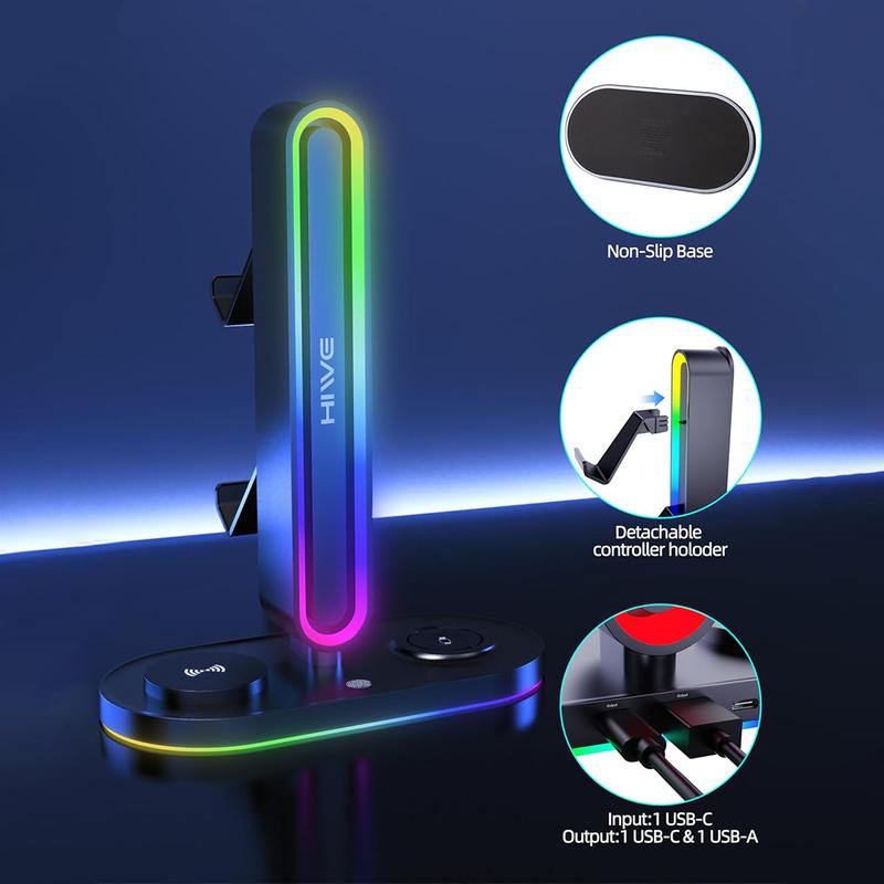 HiWe Universal RGB Gaming Headphone Stand with 2 Controller Holder, Wireless Charger for iPhone/iWatch,  Non-Slip Base, with USB-A & USB-C Outputs