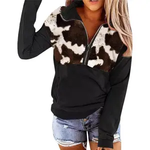 Women's 2024 Casual Aztec Cow Print Zipper Collar Pullover Sweatshirt Western Cowgirl Ethnic Style Hoodies