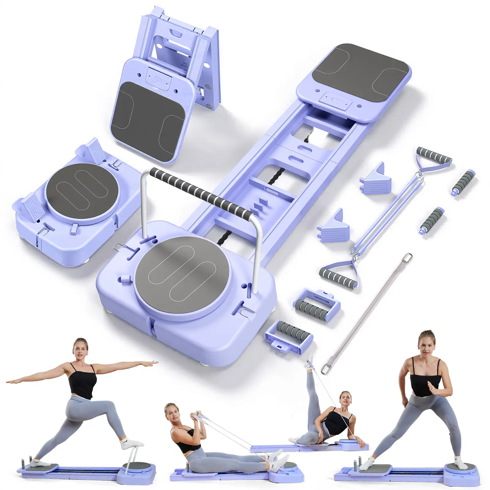Foldable Pilates Reformer Board, Multifunctional Home Pilates Trainer with Resistance Bands, Portable Abdominal Workout Exercise Equipment sohochic