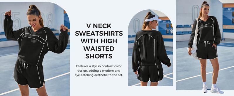 Fisoew Womens Sweatsuits 2 Piece Outfits V Neck Workout Set Fleece Sweatshirts Contrast High Waisted Shorts Casual Tracksuits Lounge Sets