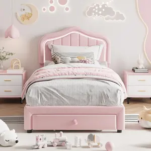 Upholstered Twin Size Bed Frame with Storage Drawer, Velvet Twin Platform Bed with LED Headboard & Wooden Slats Support, No Box Spring Needed, Easy Assembly for Kids Boys Girls - Pink
