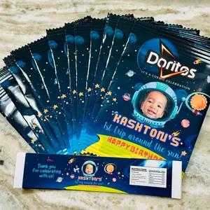 Space theme First Trip Around The Sun Custom Birthday Party Favor Chip Bag Wrappers | Personalized Snack Labels Made to Order