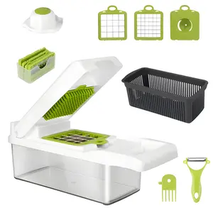 12-in-1 Vegetable Slicer with Safety Guard - ABS Plastic and Stainless Steel Blades, Includes Container and Drain Basket - Essential Kitchen Tool for Slicing and Grating