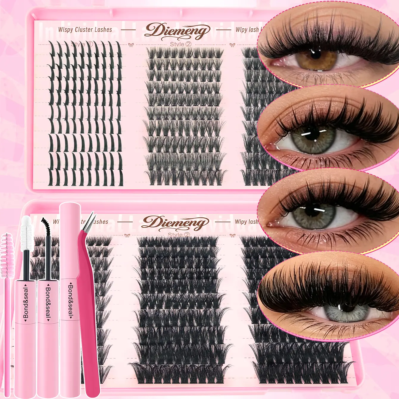 600pcs Wispy Lash Clusters Kit, Spiky D Curl Natural Look Eyelashes | Waterproof & Reusable Individual DIY Cluster Eyelash Extensions Kit with Bond & Seal & Tweezers, Soft Thin Band & 9-16mm 30D 40D 50D Lashes Kit for Beginner