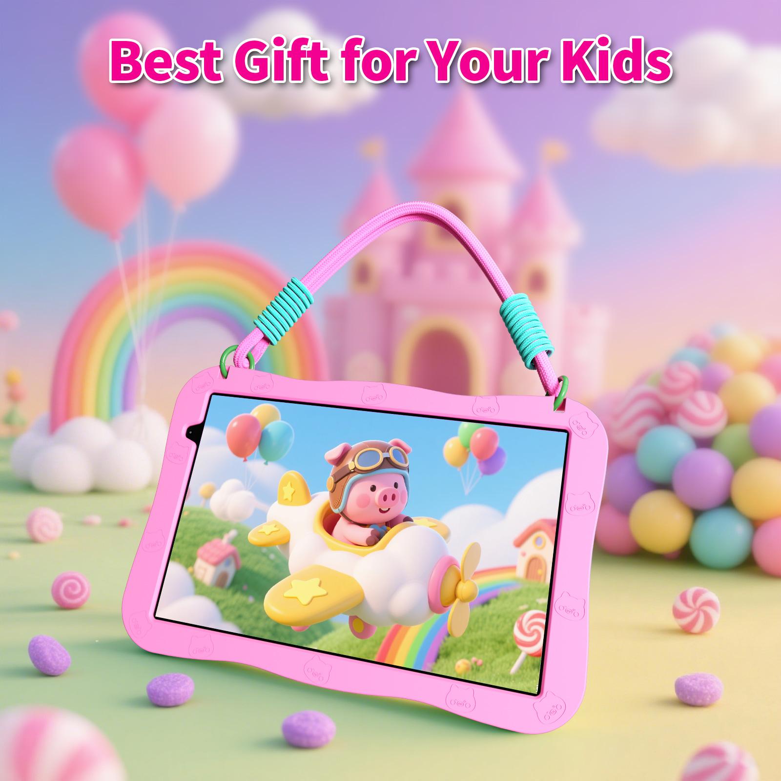 [TikTokShopSpringGlowUp]PRITOM Kids Tablet 10 inch Android 15 8GB RAM 32GB ROM Dual Cameras WiFi6 6000mAh Battery Protective Silicone Case Animal Flash Cards Educational Apps Toddler Gifts Stress Relief Case Pink/Blue tiktok shop official store