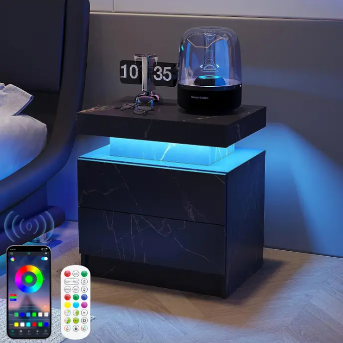 Modern Rectangular Bedroom Nightstand - 2-Drawer Bedside Storage Table with 16-Color Adjustable RGB LED Lights