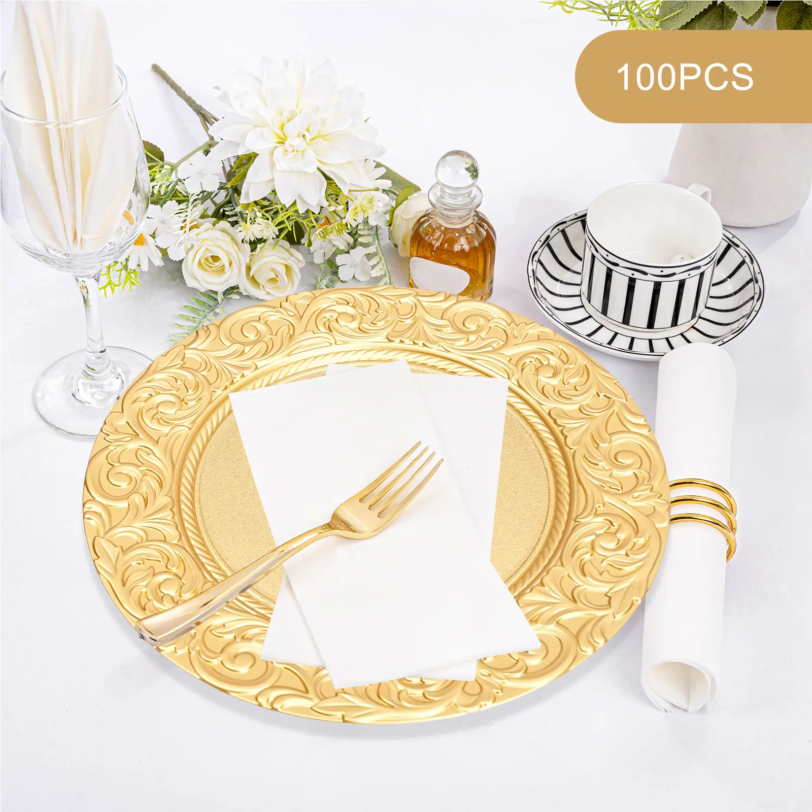 100-Pack Sturdy Modern Round PP Plastic Charger Plates, 33cm Diameter 33x2cm Gloss-Painted Decorative Under Plates, Stackable Reusable Gold Plastic Tableware for Wedding Banquet, Non-Food-Contact, Non-Microwave/Dishwasher-Safe, Gold Plastic Plates, Sturdy