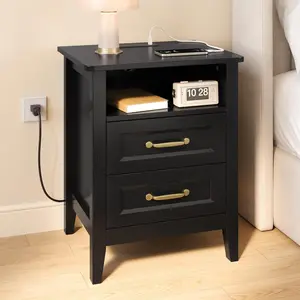 Gizoon Nightstand with Charging Station, Bedside Table Set for Bedroom, Modern Wood Nightstand with 2 Drawers & Open Shelf, Black