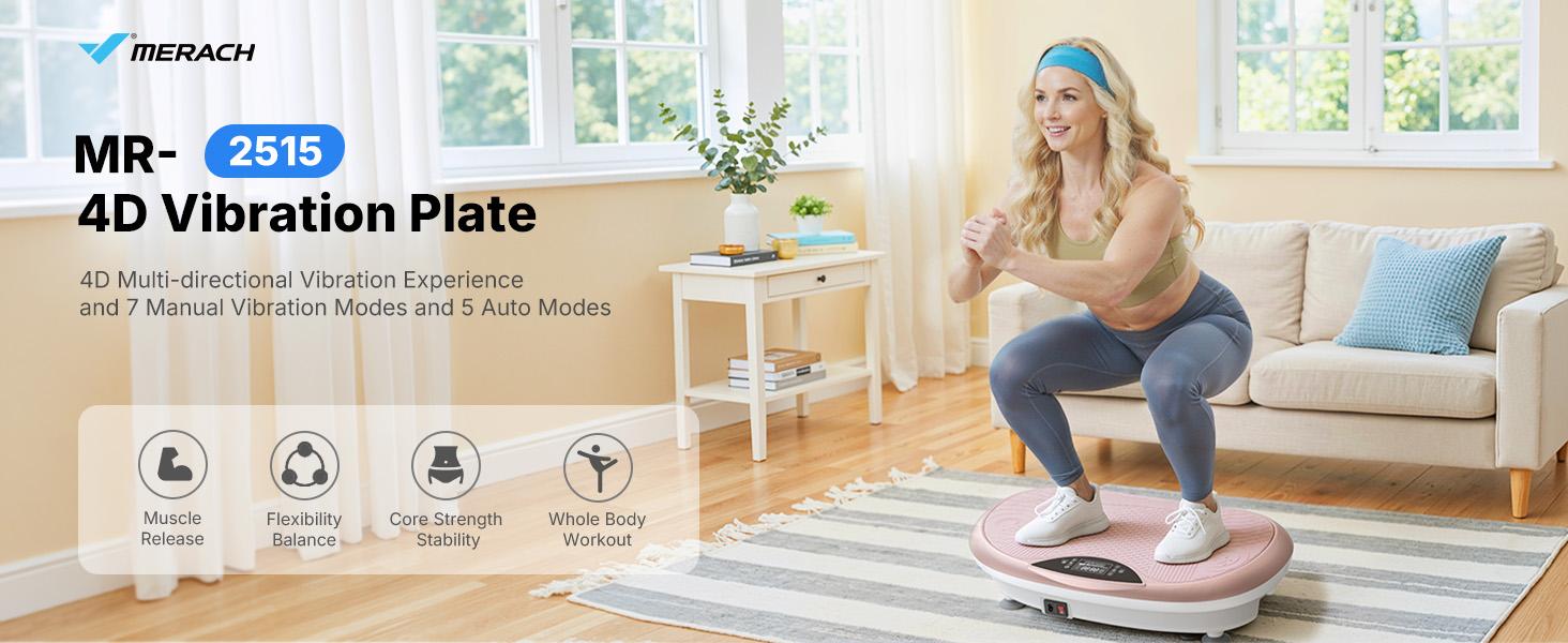 Merach 4D Vibration Plate 440LBS Capacity with Triple Motors for Lymphatic Drainage & Exercise Machine with Mat, Remote, and Resistance Bands