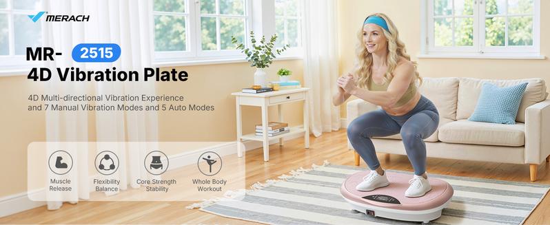 Merach 4D Vibration Plate 440LBS Capacity with Triple Motors for Lymphatic Drainage & Exercise Machine with Mat, Remote, and Resistance Bands