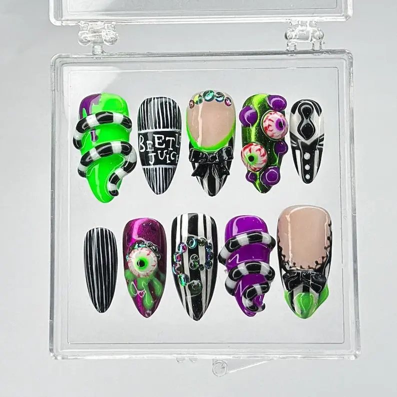 [FLASH SALE 50] Beetlejuice Halloween Press On Nails, Handmade 3D Nail Art with Green Purple Stripes, Spooky Gothic Beetlejuice Style