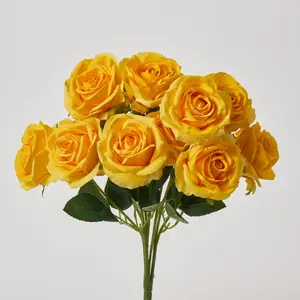 Yellow Saffron Mothers Love Rose Bush Faux Floral Bouquet - 16"