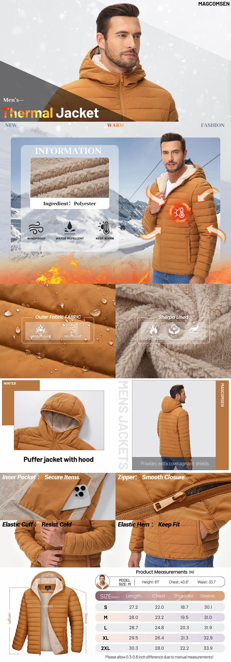 MAGCOMSEN Men's Puffer Jacket with Hood Fleece lined Warm Puffer Coats Water Resistant Down Jacket Zip Up Winter Jackets