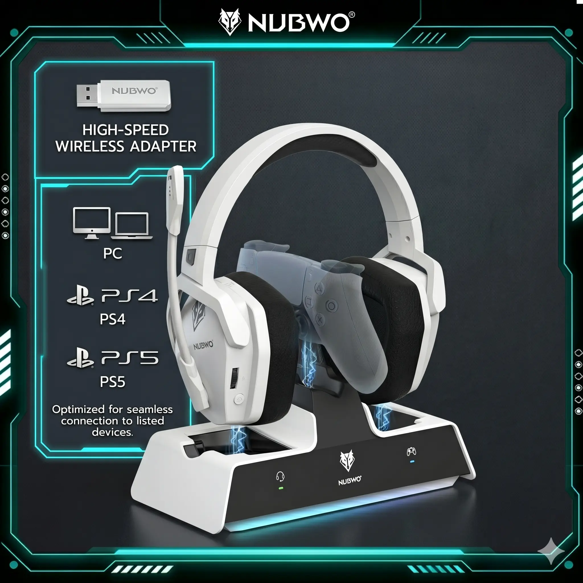 NUBWO G06 Pro Bluetooth Over Ear Gaming Headset - PS5-Only Accessory with Dual Charging Dock, 17ms Low Latency, 120H Battery, 50mm Drivers, Battle-Ready Glow, Anti-Slip Pads, Voice Control, Immersive Sound, Seamless PS5+Phone Sync, 120° ENC Mic (White), H