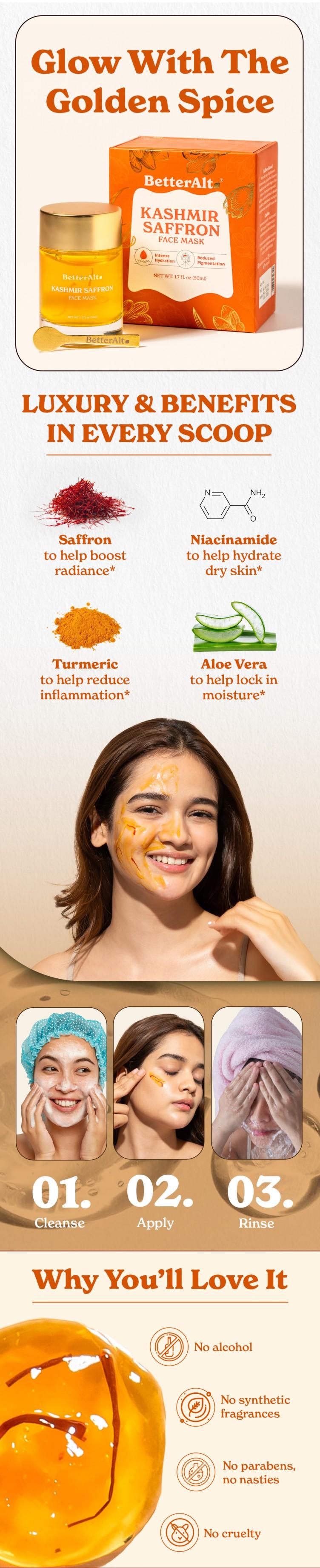 BetterAlt Kashmir Saffron Face Mask for Glowing Skin | Niacinamide, Aloe Vera, Green Tea | For Intense Skin Hydration | Topical Product - 50ml