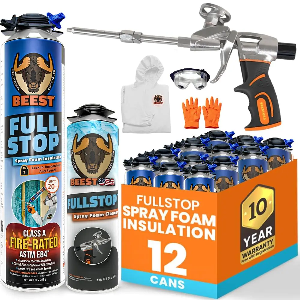 BEEST FullStop Long-Lasting Expanding Spray Foam Insulation Kit for Home Walls, Attic - Heat, Acoustic Insulation for Lower Energy Bills - Spray Foam Cans, Pro X Gun, Cleaner Can, Safety Gloves, Long-Lasting Expanding Foam