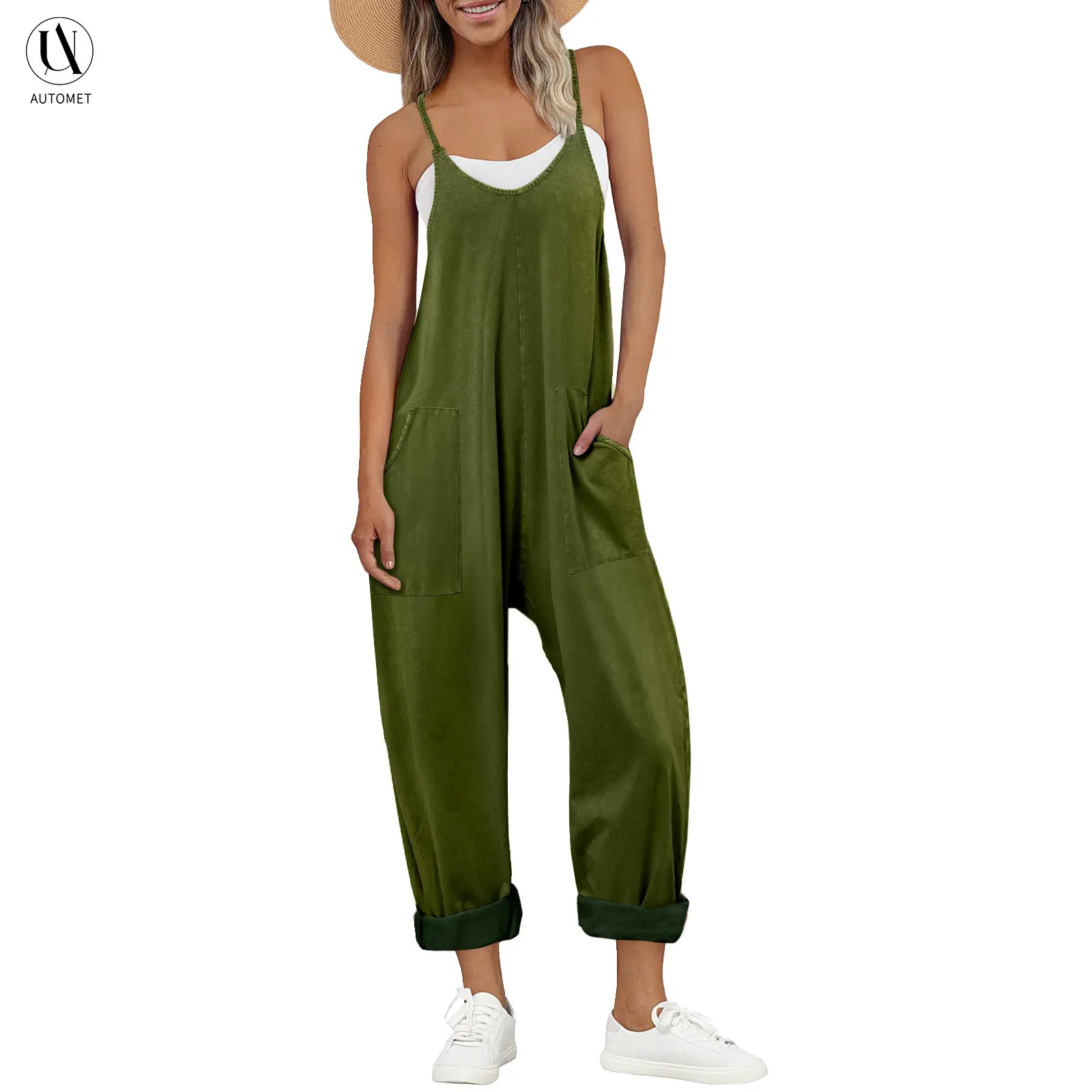 AUTOMET Women's Multi-Pocket Acid Wash Cotton Overalls - Casual V-Neck Sleeveless Strappy Loose-Fit Harem Pants Jumpsuit, Boho Clothes with Fade Craft, All-Season Cute Clothes (Women's Suits & Sets), Women's Clothing, Boho Clothes For Women