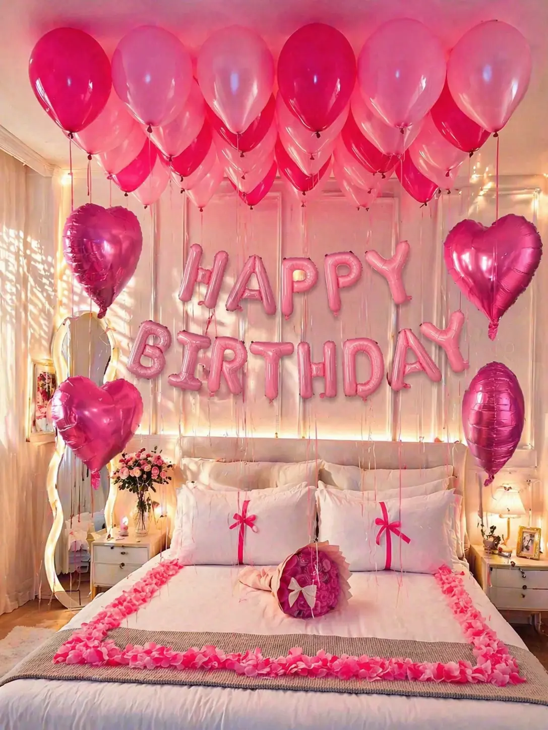 Pink Birthday Decorations Set, Happy Birthday Balloon Banner with Heart Foil Balloons, Pink Latex Balloons for Girls Birthday Party, Bedroom Surprise, Photo Backdrop, Room Decor