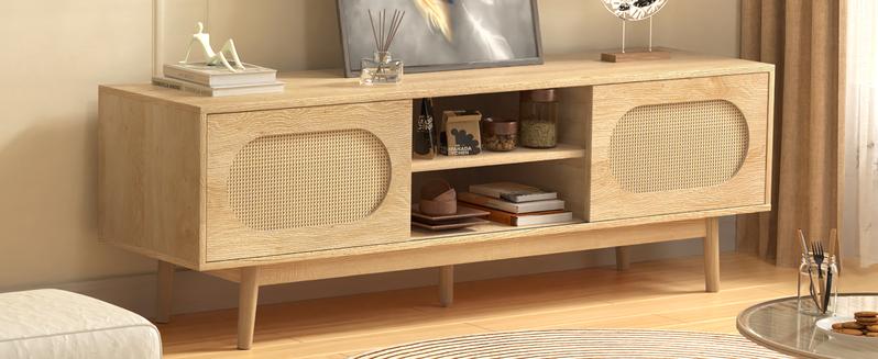 【Springtok】VOWNER Modern Rattan TV Stand for 55/60/65 inch TV with Natural Rattan Door and Shelves,Entertainment Center,Media Console Table for Living Room Organizing Storage Furniture 【Springtok】VOWNER Modern Rattan TV Stand for 55/60/65 inch TV with Natural Rattan Door and Shelves,Entertainment Center,Media Console Table for Living Room Organizing Storage Furniture