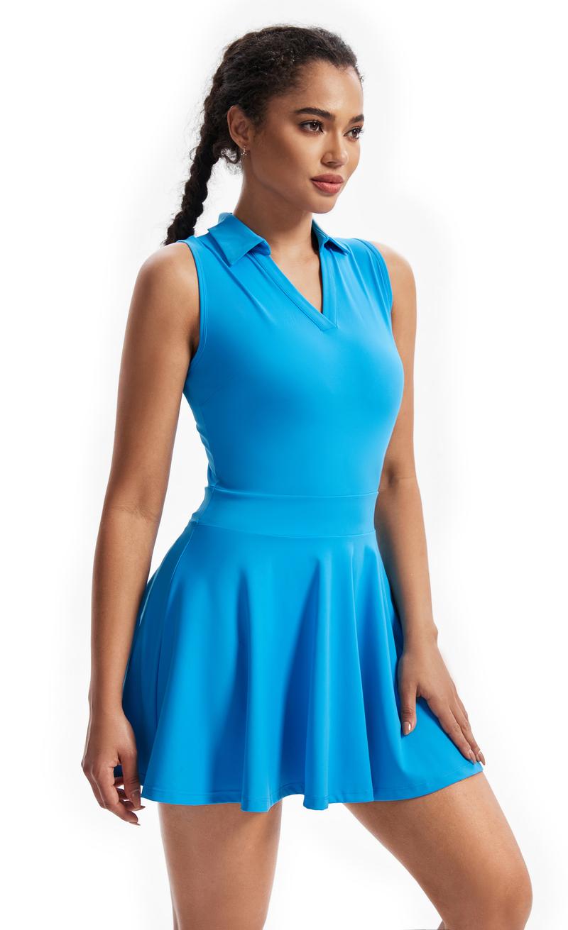 Women's 2 in 1 Drawstring Athletic Tennis Golf Dress Underneath Workout Active Mini Tennis Attire with Built-in Shorts, Dress for Women, Solid Sleeveless Pocket Dress, Tracksuit Ladies Sportswear for Exercise Pickleball, Gym Wear, Athletic Dress