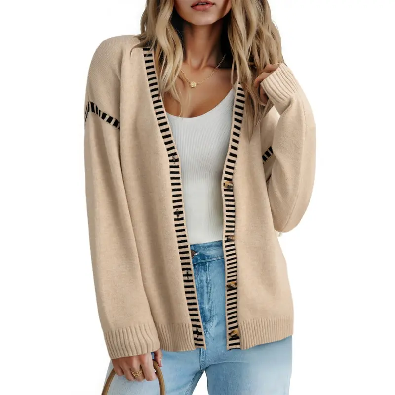 Dokotoo Womens Oversized Cardigan Sweaters Casual Coats Long Sleeve Button Front Stripes Trim Fall Outfits