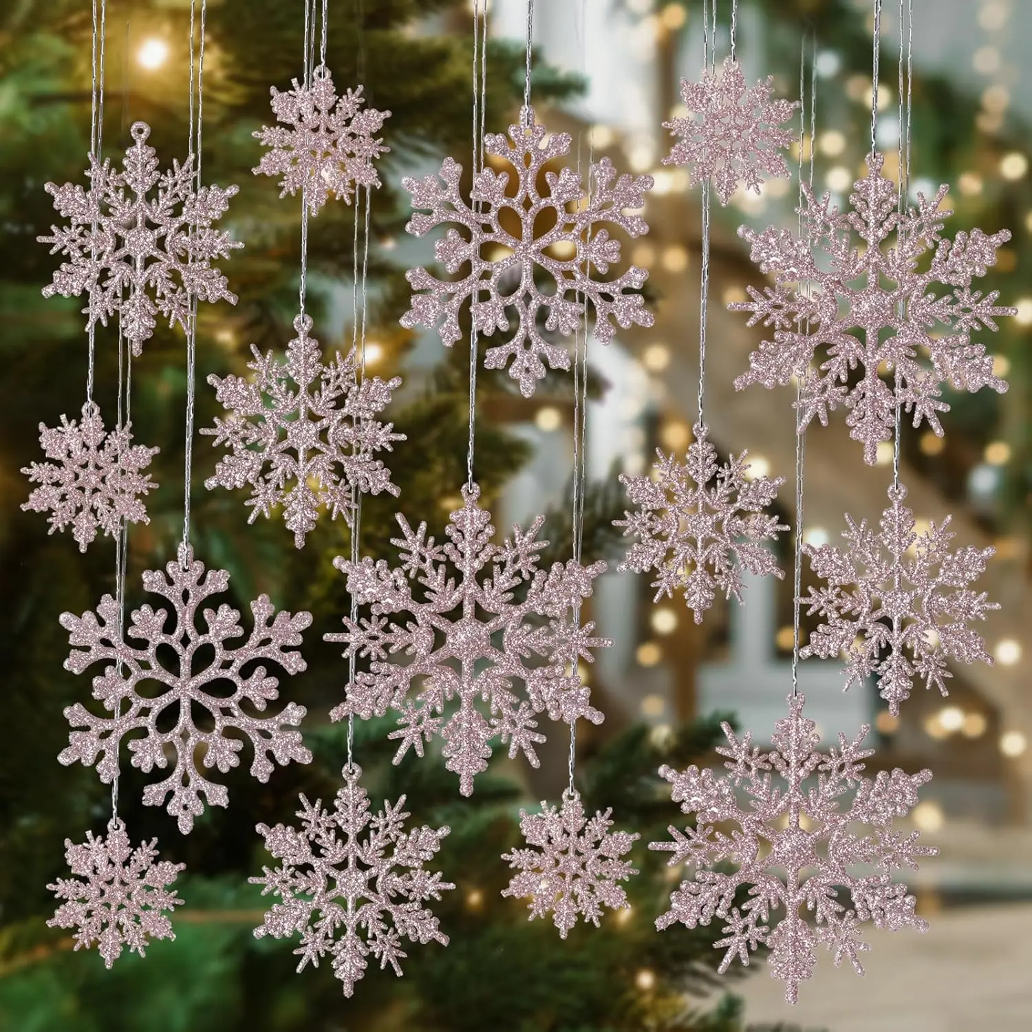 Shatterproof Rose Gold Snowflake Ornaments for Christmas Tree Decor 36 Pack- Sparkling Plastic Hanging Snowflakes for Christmas Decorations