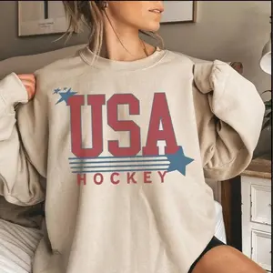 USA Flag Hockey Sweatshirt Winter Games Crewneck, Cozy Fleece Hockey Apparel, Unisex Oversized Fit, Game Day Gift for Men & Women