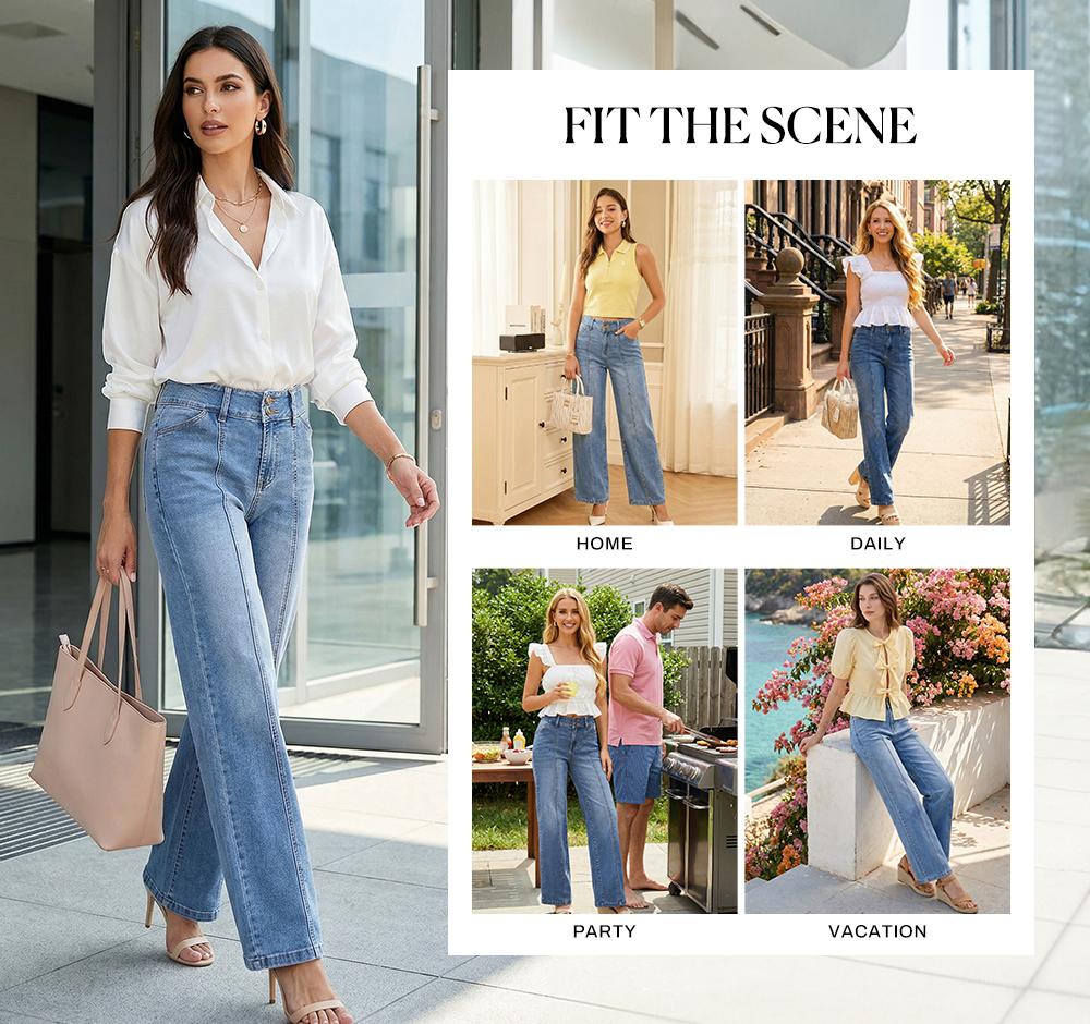 Sidefeel Women's Wide Leg Jeans High Waisted Stretchy Straight Leg Jeans Trendy Seamed Front Loose Denim Pants