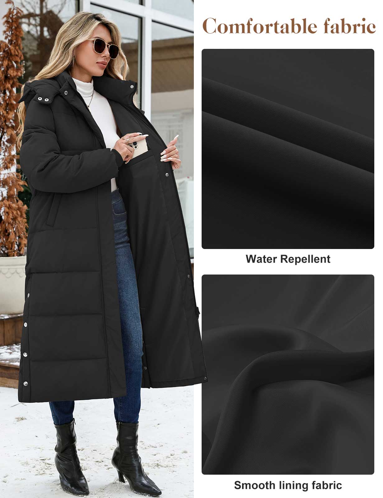 UMIPUBO Winter Women's Long Maxi Down Coat Winter Puffer Jacket Warm Padded Outerwear Faux Fur Removable Hood Parka Full-Zip Black Casual