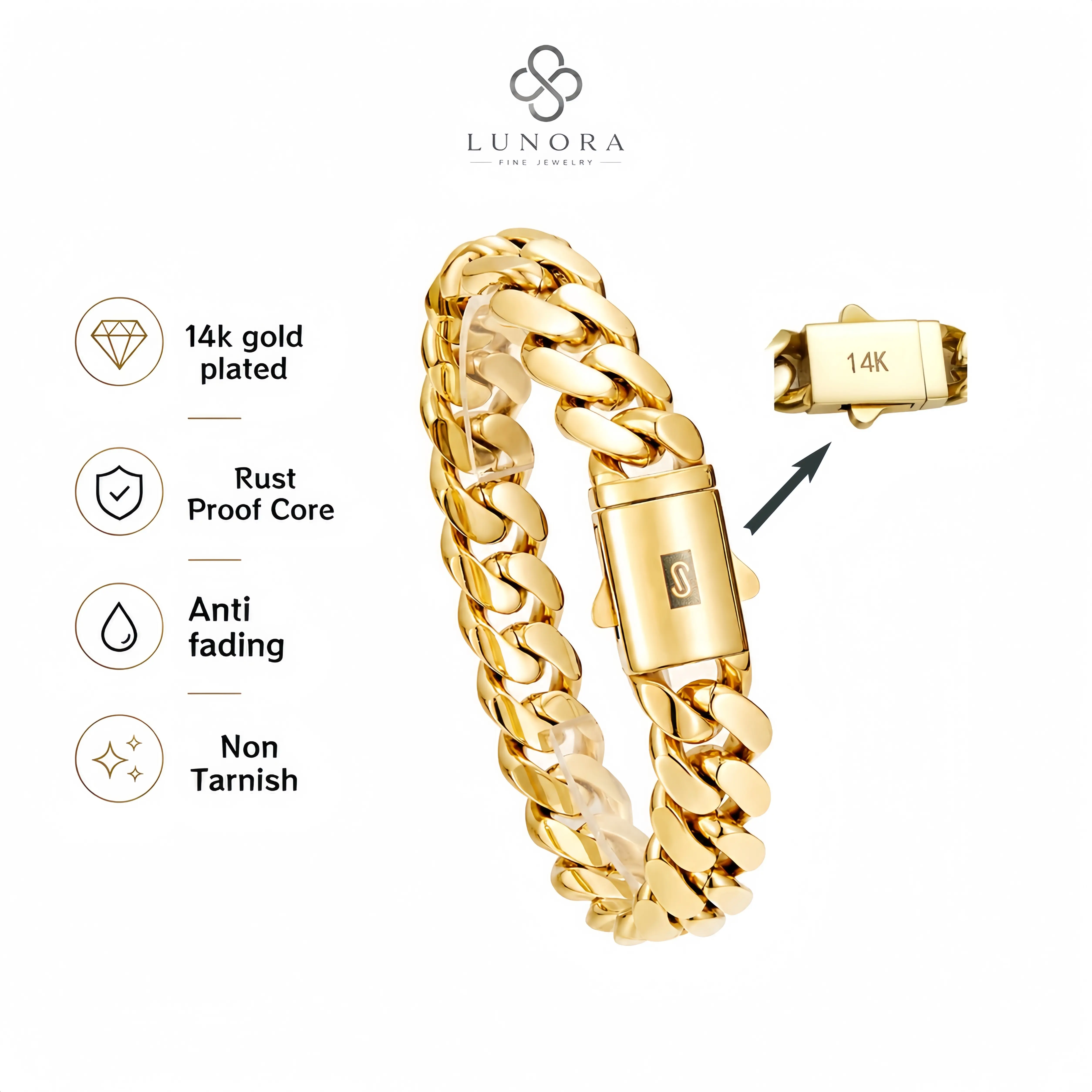 6-14MM Men's Miami Cuban Link Bracelet, 14K Gold Plated Stainless Steel Hip Hop Wrist Chain with Engraved S Logo Clasp, Sweatproof Hypoallergenic Anti-Tarnish Jewelry That Won't Turn Green