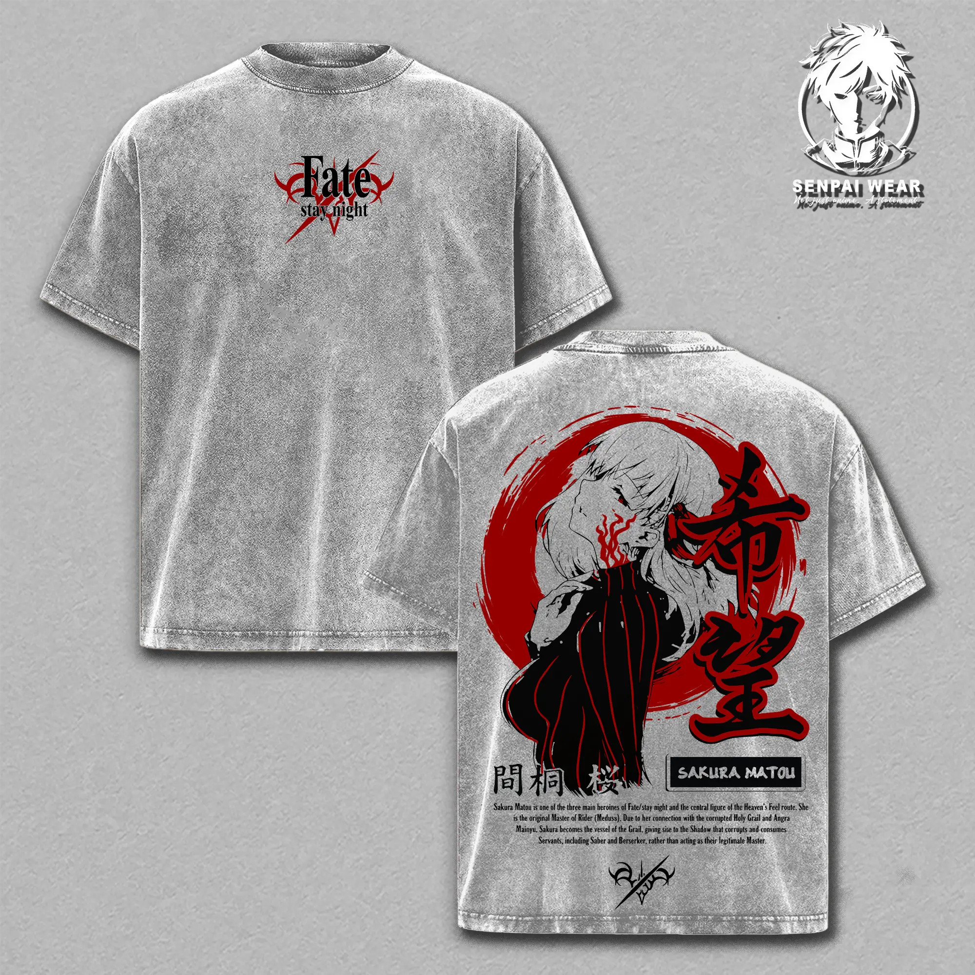 Sakura Matou Vintage Washed Oversized Graphic Tee – Fate Stay Night Dark Grail T-Shirt, Heavyweight Cotton Streetwear Unisex Top, Heaven’s Feel Edition Art, Gift for Anime Fans