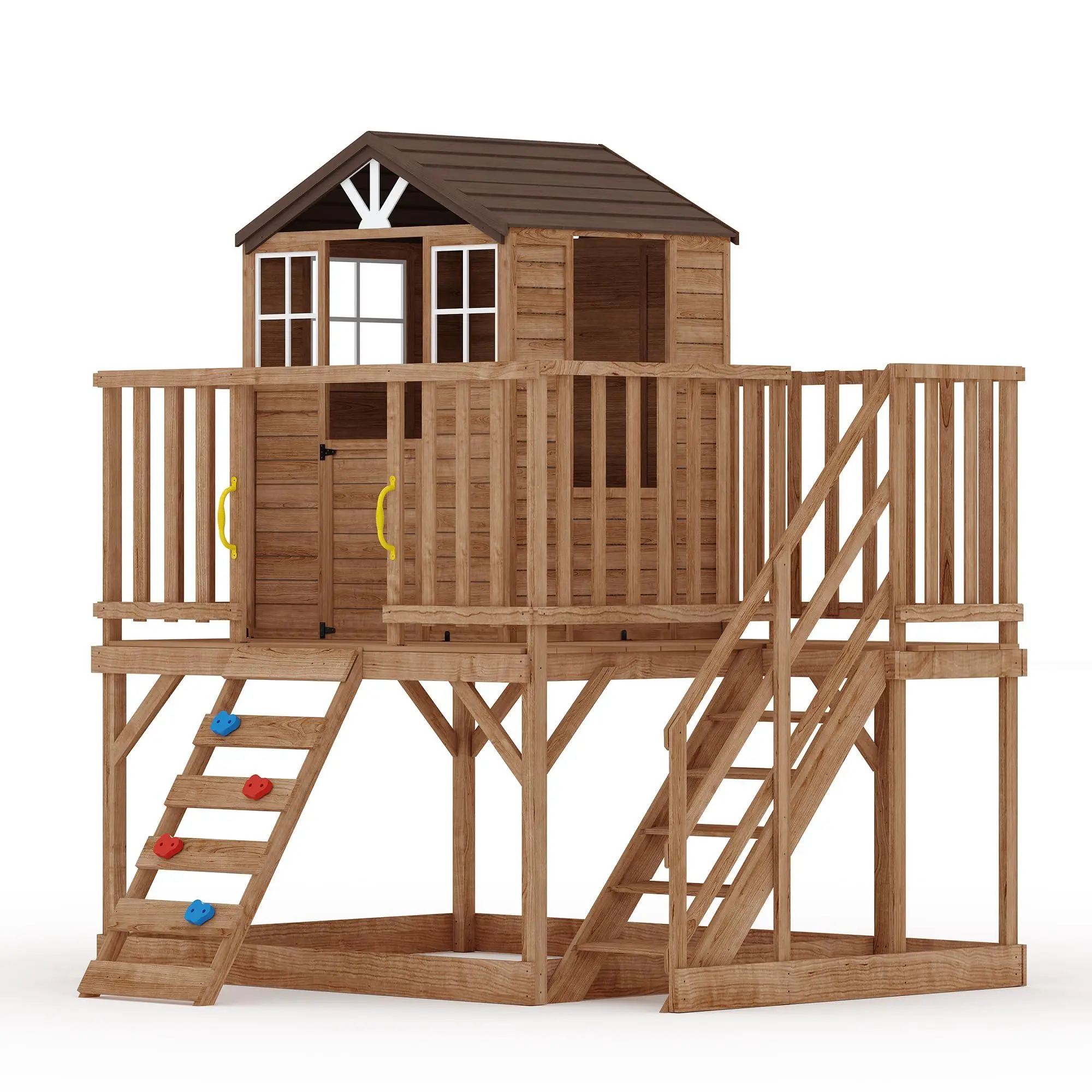 GAOMON 2 Story Wooden Playhouse with Climbing Wall, Outdoor Wooden Playhouse with Step Ladder, Elevated Modern Cedar Playhouses Kids