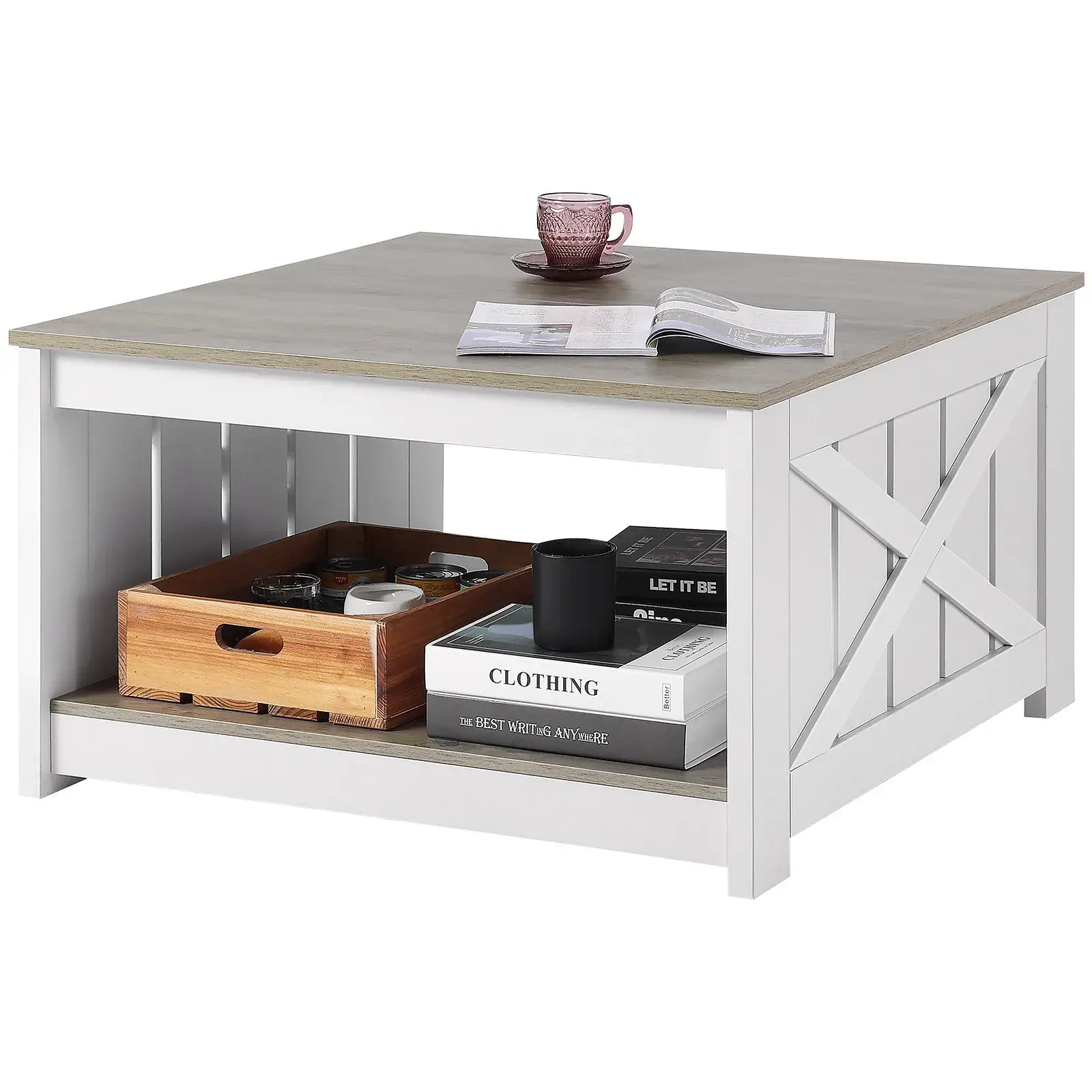 31.5" Square Farmhouse Coffee Table with Open Storage, Rustic Wooden Design, Gray & White - Perfect for Living Room, Bedroom, Apartment & Studio