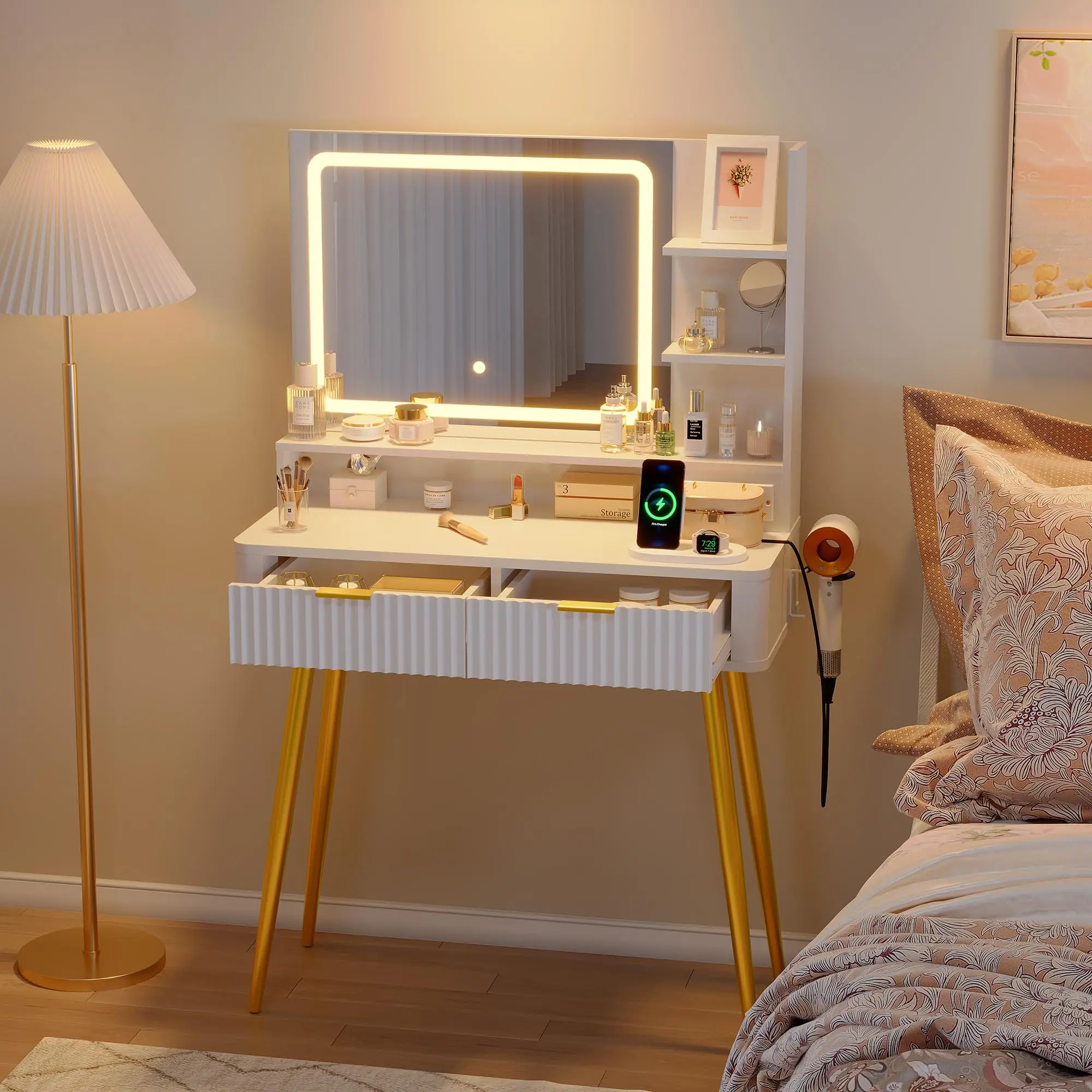 Women's 31" Small Fluted Makeup Vanity Set - Mid-Century Modern Dresser Desk with Wood Frame, LED Lighted Mirror, Adjustable 3 Color Modes, Storage Cabinet, 2 Drawers for Bedroom Use