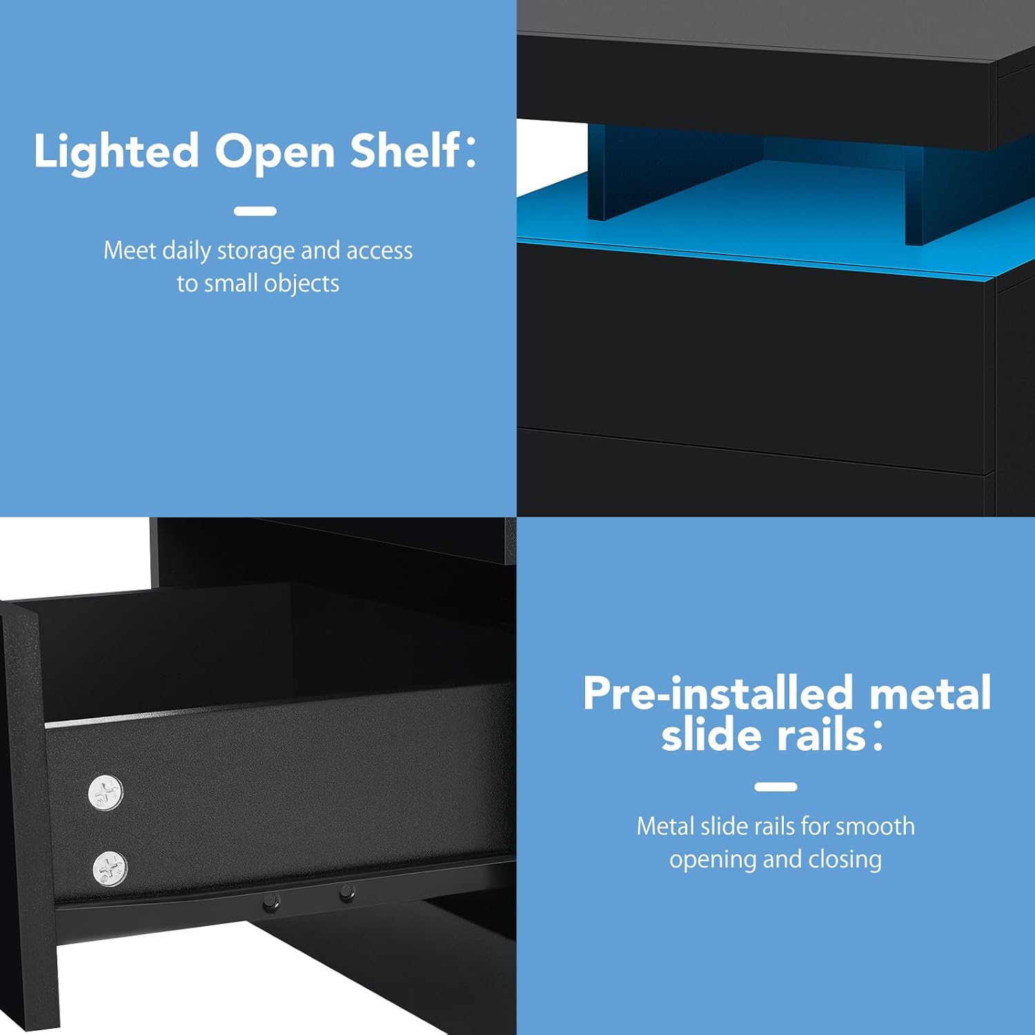 HOMMPA LED Nightstand with Wireless Charging Station & USB Ports, Modern Bedside Table, 3 Drawer Black Night Stand with Open Compartment, Smart Nightstand High Gloss Surface for Bedroom